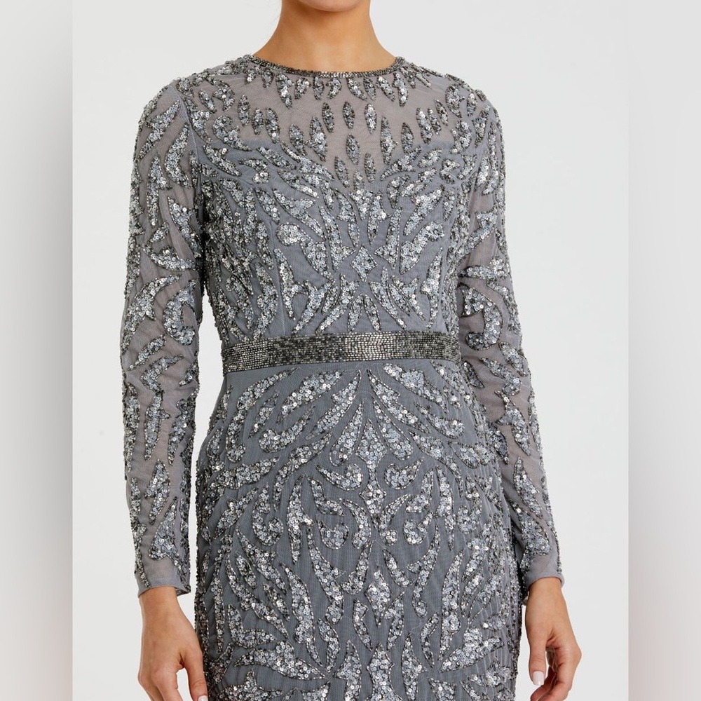 Mac Duggal Silver Long Sleeve Prom Dress - Picture 2 of 5